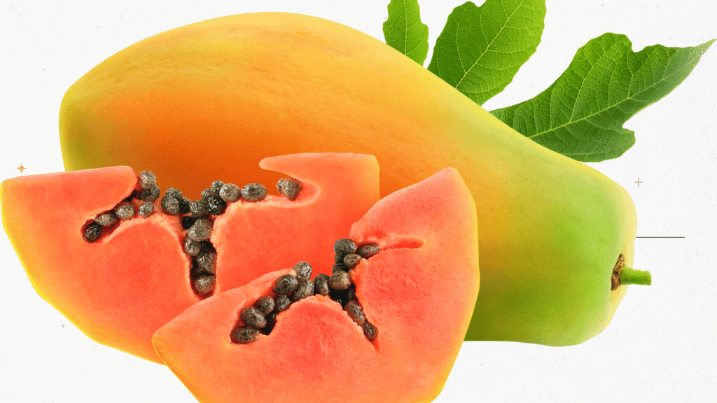 “Sliced papaya with seeds on wooden table, rich in digestive enzymes for natural liver detox