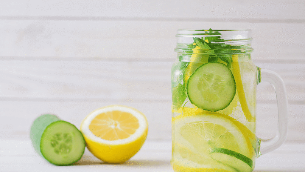 A glass of water with lemon and cucumber, symbolizing a simple detox drink that supports liver hydration and function.

