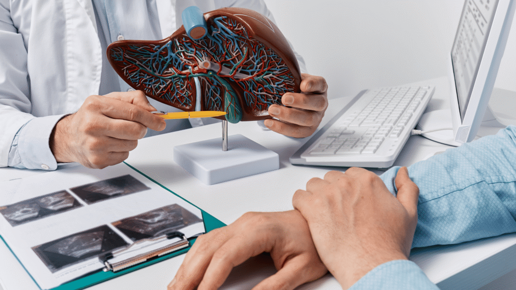 Illustration of a human liver glowing, representing liver detoxification and recovery after alcohol use.