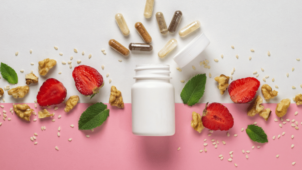 liver supplement bottle next to detox fruits, natural support for liver function and fat metabolism